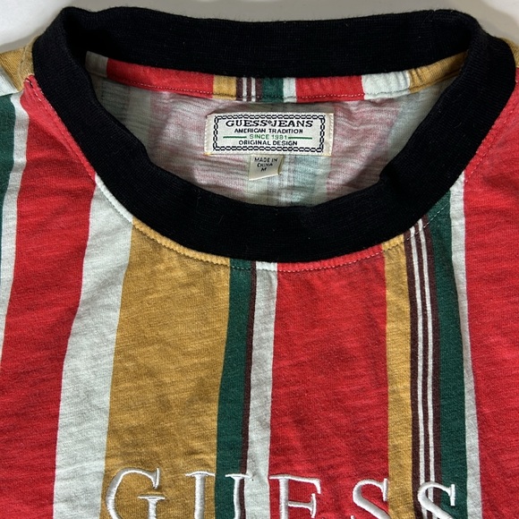 VTG GUESS David Sayer Vertical Stripe T Shirt Embroidered US Flag Spellout Y2K M - Picture 16 of 16
